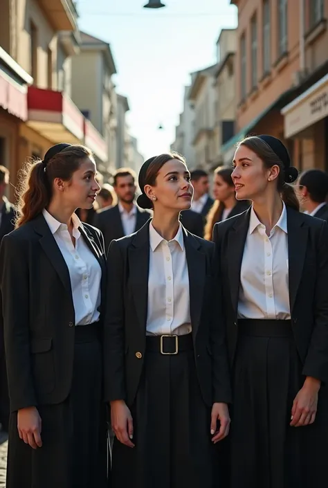 Realistic photo of a group of Jewish women wearing Jewish clothing and their hair styled in their 20s gathered in a Jewish area on a sunny day with the characters faces on their faces.