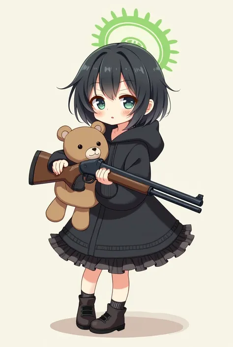 cute,small_girl,1girl, skunk number ,change,fair_skin,small,Black hoodie, microdress , black petticoat  , uneven _legwear,Crossed _shoes,long_sleeve, mismatch _sleeve, green core halo ,Blusher,shy,sleeve_past_finger, Black Shorthair ,Stand up,whole body, T...