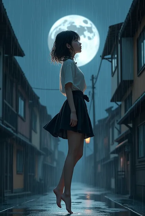 figure jumping up wetting formal skirt costume change clothes wetting shirt in rain and moon light expressing embarrassment and naive tension caused by pleasure with wetting whole body action Neat (clean, beautiful, simple) Japanese beautiful girl Age is t...