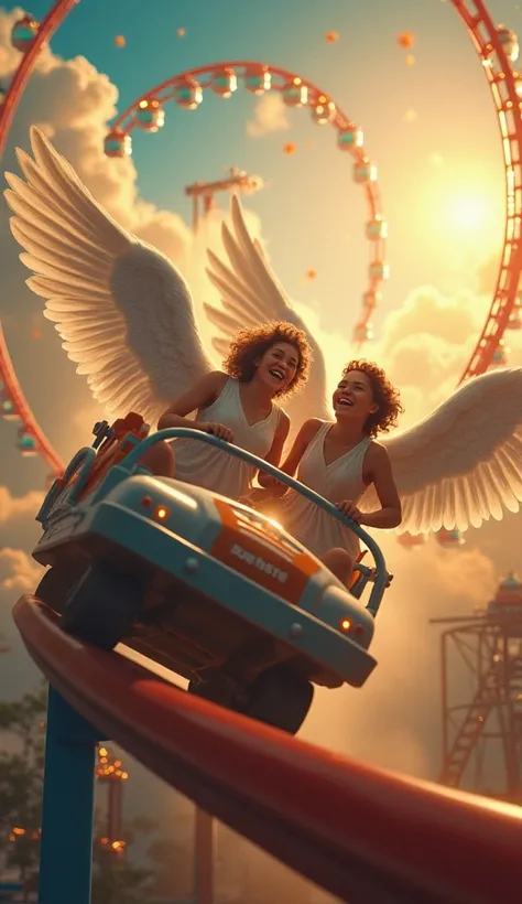 （masterpiece、Best Quality、High image quality、4K、8k、detailed）、Heavens Beautiful Amusement Park 、 angel riding a powerful roller coaster 、 I can see the faces of a laughing angel and a screaming angel、 roller coaster over the rainbow 、 dynamic configuration ...