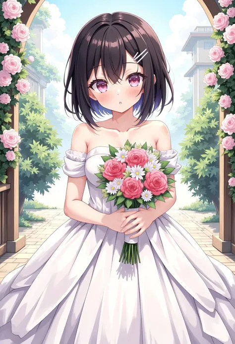 (((masterpiece))), 1girl, solo, looking at viewer, short hair, black hair, hair ornament, hairclip, pink eyes, marriage dress, h...