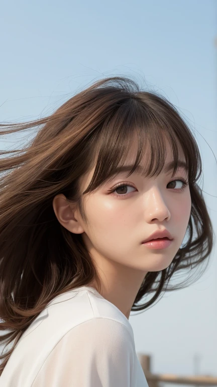 ((Hair blowing in the wind、No makeup:1.2))、(Realistic、Photorealistic、Super detailed、Best detailed skins、Best Quality、masterpiece、Super A high resolution)、Cute Japanese Woman、14 years、High school girl、Young girl、1 girl、Has bangs、Ash Blonde:1.7、double eyelid...