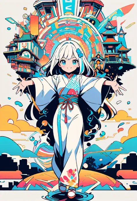 (masterpiece, best quality,ultra highres),A vector art style, front view of an anime girl with water elements  fantastic design, outstretched arms,smile, detailed face,five finger,japanese witch, she has aura behind her back, the background is a shrine wit...