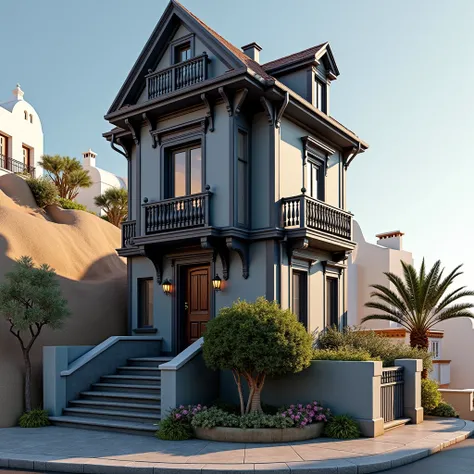 A photorealistic picture of the cutest Victorian small long narrow apartment springing from the ground on a very high semi-dry steep sloping hill in the island of Santorini at the corner of narrow paths for pedestrians as in Santorini among the houses. gor...