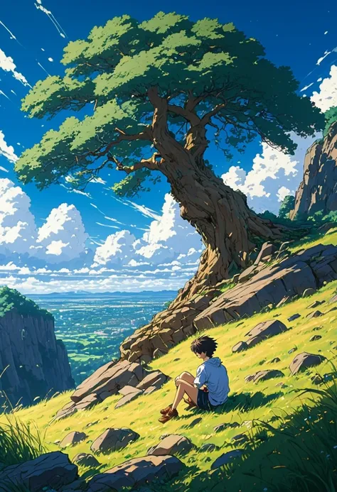 a boy sitting under a big tree near a cliff ,leftovers from the tree, seeing a vast blue sky with white fluffy clouds and bright edges and brush strokes , tall grasses stones, , makoto shinkai cyril rolando, anime art wallpaper 4k, anime art wallpaper 4k, ...