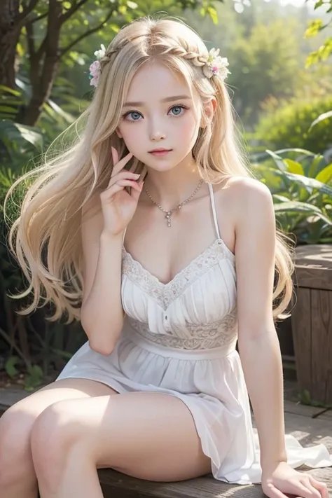 Holy Lady 　god々 Beautiful Physical Beauty 　Early teens　Beautiful girl　Pretty Girl　Very cute fairy girl　10YO Platinum Blonde 　 Delicate Hair Like Thread 　Hair swaying in the wind　 Expressive Hair 　Side braided hair　 Hair Ornaments with Flowers 　Light-pigmen...