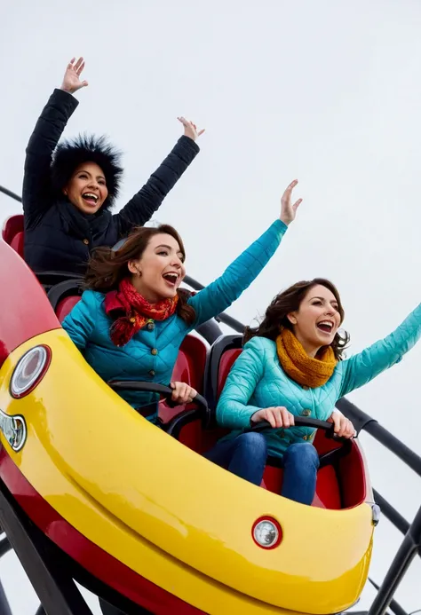 2 beautiful women riding a roller coaster, winter Daytimee