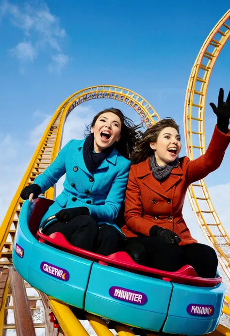 2 beautiful women riding a roller coaster, winter Daytimee