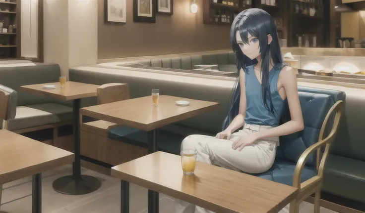 Blue Long Hair Neutral， ，Flat chest，slim figure，Sleeveless top，Bare waist，Thin legs，Slim Fit Trousers，restaurants，Sit in a chair， High Resolution, Golden Eye,