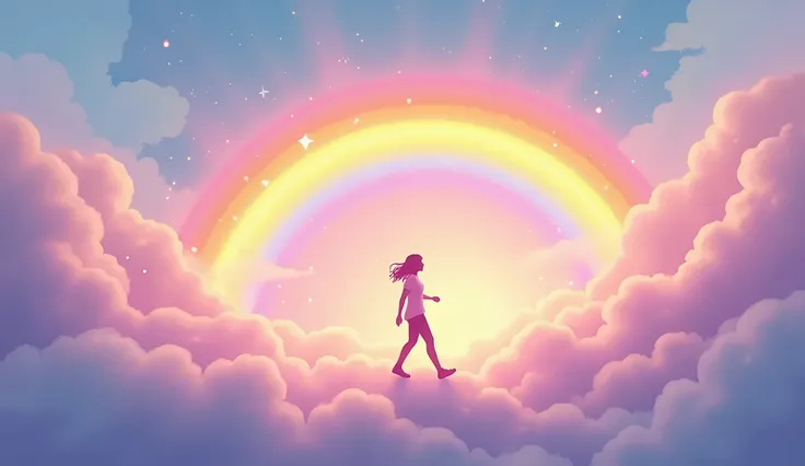 Create a whimsical and uplifting scene of a figure walking gracefully on a rainbow stretching across a sky filled with soft, fluffy clouds. The rainbow should be vivid and colorful, with each band glowing brightly. The figure can be either a silhouette or ...