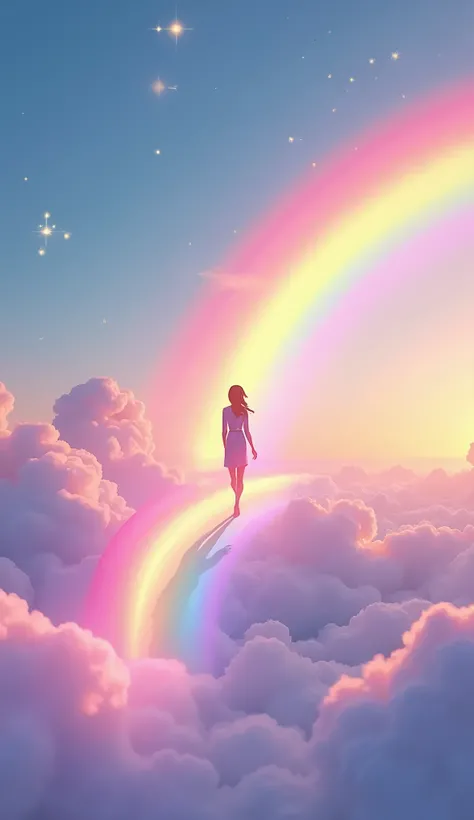 Create a whimsical and uplifting scene of a figure walking gracefully on a rainbow stretching across a sky filled with soft, fluffy clouds. The rainbow should be vivid and colorful, with each band glowing brightly. The figure can be either a silhouette or ...