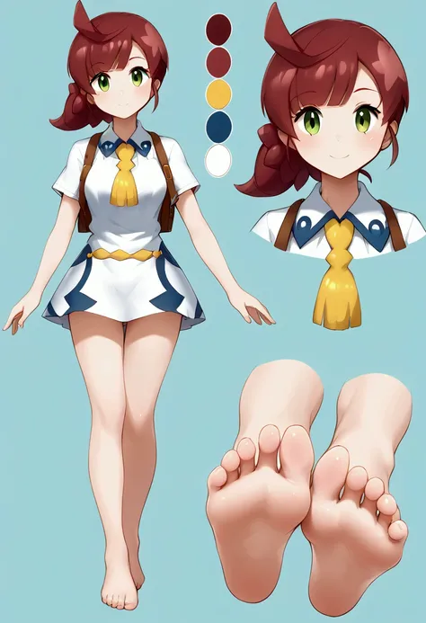 Character Reference Sheet, ConceptArt, cute girl, short dress ,foot focus sole ,barefoot sole, Character Sheet, The same character