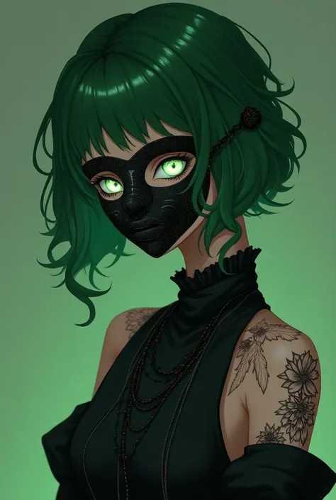  A profile picture of an anime girl with short green hair , elegantly dressed in black and green , Also, that you have a full mask on, that covers the entire face except the white eyes with Nordic runes and that you have tattoos of frores and roots all ove...