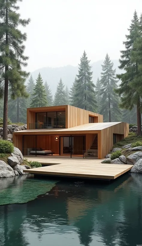 Create an image with the following characteristics: An architectural rendering of a modern and ecological house.  The house has a minimalist design,  with a futuristic and organic style . The drawing should include details such as windows and roofs.,  with...