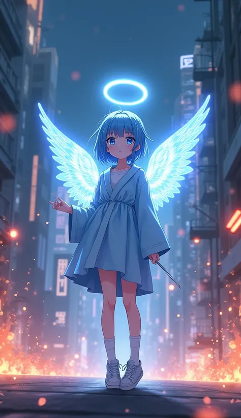 masterpiece, Best Quality, High resolution,  very detailed,(((Cute girl with blue hair))), ((( Japanese Anime))), (((Light blue robe))), ((( angel wings are growing from my back))), (((Angel halo above head))), (((Have a magic wand))), (((White socks))), (...