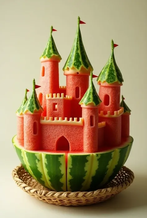 Half a watermelon is cut in half and beautifully carved into the shape of a castle, arranged in a basket.