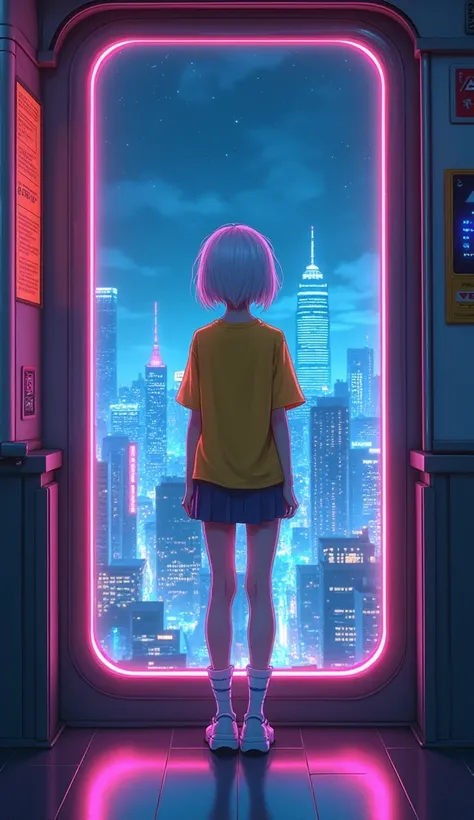 masterpiece, Best Quality, High resolution,  very detailed,(((Cute girl with white hair))), ((( Japanese Anime))), (((Yellow T-shirt))), (((mini skirt))), ((( white socks with light blue lines))), (((sneakers))), (((Neon lines))), (((Cyberpunk))), (((Cyber...