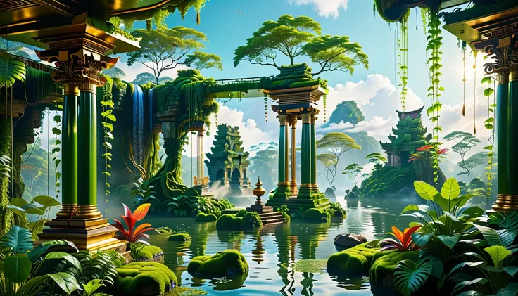 A Masterpiece In 32K Resolution, Supreme Quality, Super Detail, Official Art, Very High-Resolution 32K Wallpaper, Beautiful And Aesthetic, Ultra-Detailed Features, Awe-Inspiring Detail. Floating Islands Hover Above A Dense, Vibrant Rainforest. Waterfalls S...