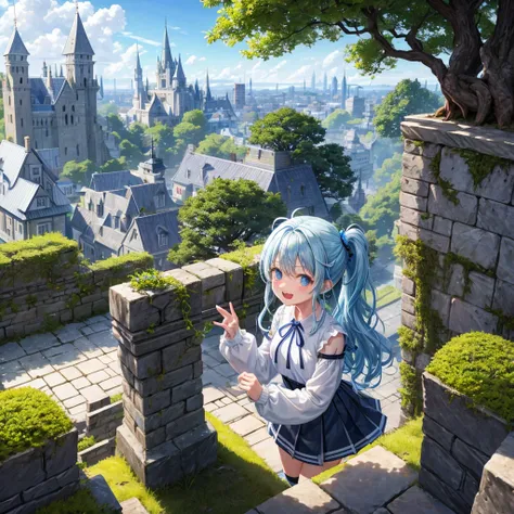 Light blue hair、Rainbow Eyes、Wavy Hair、Hair tied up、Two cute、Checked mini skirt、Black T-shirt、Long sleeve、and、Black knee-high socks、Teeth are visible、Ice Castle、Tilting face、lawn、In front of the city gate、The stone is cracked、Uneven ground、Stone Wall、The r...