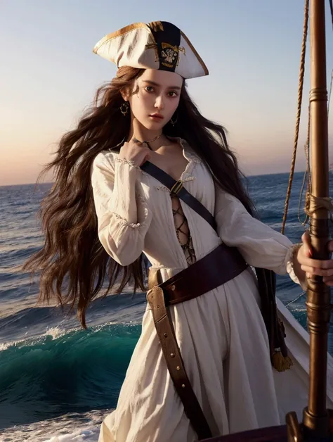 A young pirate girl , with long hair, detailed and perfect face, almonds, olhos almonds,   She is thin,  her hands are on her waist ,  next to her waist she has a sword .  She is on a ship at sea ,  and behind it was a huge realistic wave