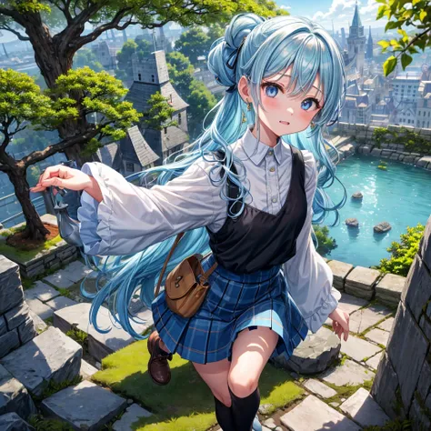 Light blue hair、Rainbow Eyes、Wavy Hair、Hair tied up、Two cute、Checked mini skirt、Black T-shirt、Long sleeve、and、Black knee-high socks、Teeth are visible、Ice Castle、Tilting face、lawn、In front of the city gate、The stone is cracked、Uneven ground、Stone Wall、The r...