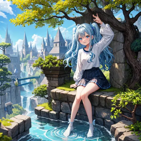 Light blue hair、Rainbow Eyes、Wavy Hair、Hair tied up、Two cute、Checked mini skirt、Black T-shirt、Long sleeve、and、Black knee-high socks、Teeth are visible、Ice Castle、Tilting face、lawn、In front of the city gate、The stone is cracked、Uneven ground、Stone Wall、The r...