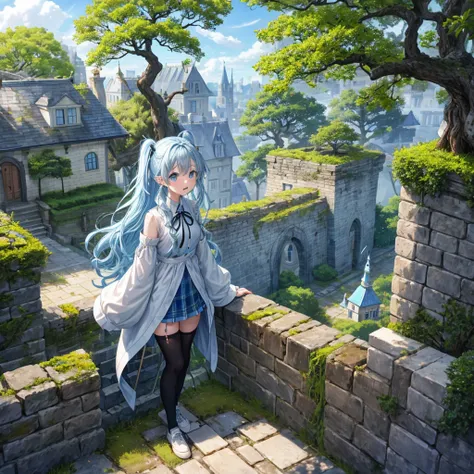 Light blue hair、Rainbow Eyes、Wavy Hair、Hair tied up、Two cute、Checked mini skirt、Black T-shirt、Long sleeve、and、Black knee-high socks、Teeth are visible、Ice Castle、Tilting face、lawn、In front of the city gate、The stone is cracked、Uneven ground、Stone Wall、The r...