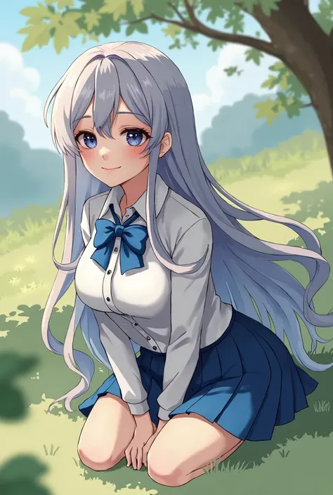 1 girl, curvy, beautiful, talk, silver blue ombre hair, long hair, bang, blue eyes, long sleeved white blouse, blue bowtie, short blue pleated skirt, grass yard, sitting, looking at viewer, smiling warmly, BREAK (masterpiece:1.2), best quality, high resolu...