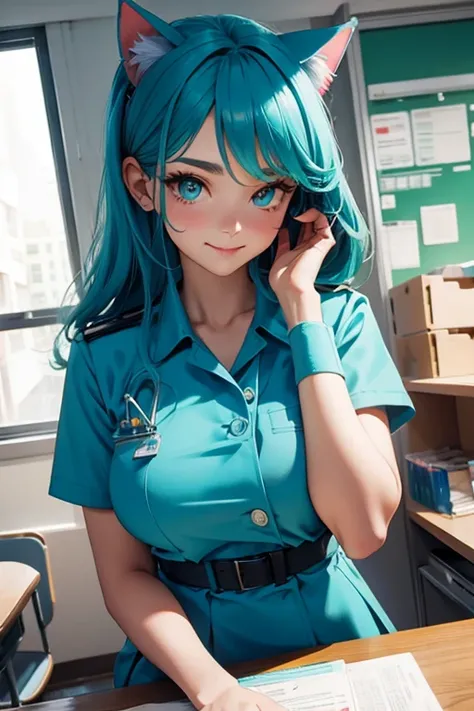 Perfect face. Perfect hands. A teal haired woman with teals eyes with an hourglass figure with teal cat ears and a teal cat tail in a school nurses uniform in the school nurses office with a big smile while organizing medicine