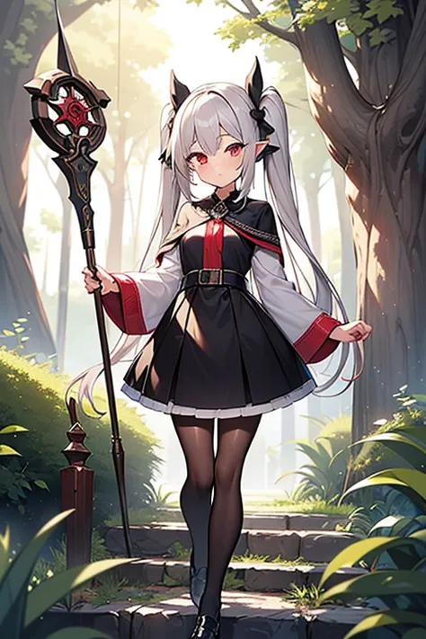 ((Best Quality)), ((masterpiece)), (detailed), whole body,Standing posture,Young Girl,very very young , Silver-haired Twin Tails ,Data,Small breasts,Expressionless,Wizard,( hold the mysterious tree cane in the right hand and poke it down),Left hand is unha...