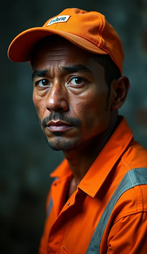 a photorealistic portrait of a street cleaner, looking directly at the camera, apparently extremely developed features, suffering eyes, sharp focus, studio lighting, high quality, hyper-realistic, cinematic, dramatic lighting, chiaroscuro, moody, intense g...