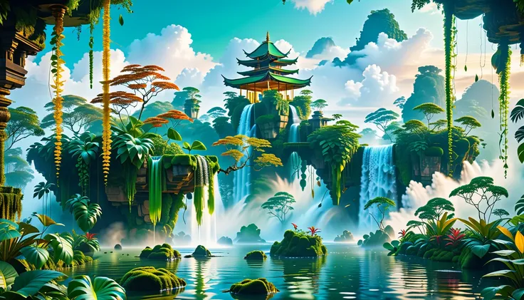 A Masterpiece In 32K Resolution, Supreme Quality, Super Detail, Official Art, Very High-Resolution 32K Wallpaper, Beautiful And Aesthetic, Ultra-Detailed Features, Awe-Inspiring Detail. Floating Islands Hover Above A Dense, Vibrant Rainforest. Waterfalls S...