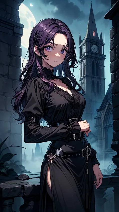 ((((masterpiece, best quality:1.3, high detail)))), beautiful woman, long wavy hair, (dark purple hair), hairpin, (black blouse), ((long black skirt)), long black skirt:1.3, belt, buckle, collarbone, (fog), (night sky), (atmospheric), ((shade)), stone, got...