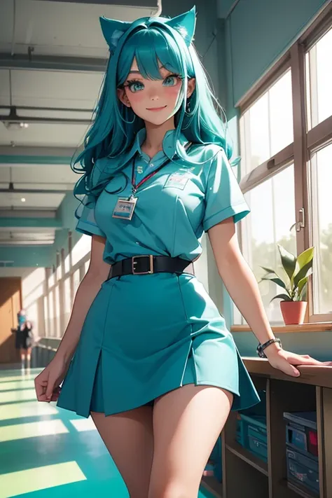 Perfect face. Perfect hands. A teal haired woman with teals eyes with an hourglass figure with teal cat ears and a teal cat tail in a school nurses uniform with a big smile is walking through the indoor school halls