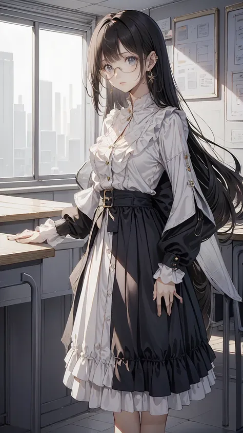 Black Hair, bangs, Hair behind the ear, Very long hair,  jewelry , Earrings, masterpiece,  textured skin,  detailed , Best Quality, Adult female, High school teacher, Wear a jacket, Dark Blue Suit, White blouse, Tight skirt,  mature woman, Good drawing, Standing alone in the classroom, During class, Glasses
