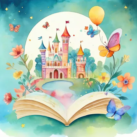 rens picture books, Flat illustration, scene from an amusement park, A carousel, spinning gently, with colorful flowers and butterflies flying around it, sparkling fairy tale style background with castle. twinkle stars. joyous, magical fantasy.