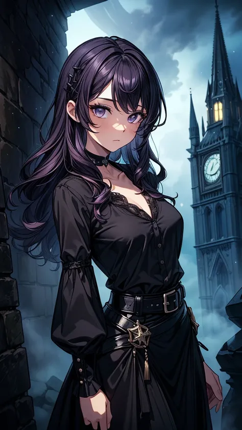 ((((masterpiece, best quality:1.3, high detail)))), beautiful woman, long wavy hair, (dark purple hair), hairpin, (black blouse), ((long black skirt)), long black skirt:1.3, belt, buckle, collarbone, (fog), (night sky), (atmospheric), ((shade)), stone, got...