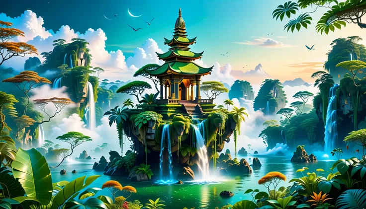 A Masterpiece In 32K Resolution, Supreme Quality, Super Detail, Official Art, Very High-Resolution 32K Wallpaper, Beautiful And Aesthetic, Ultra-Detailed Features, Awe-Inspiring Detail. Floating Islands Hover Above A Dense, Vibrant Rainforest. Waterfalls S...