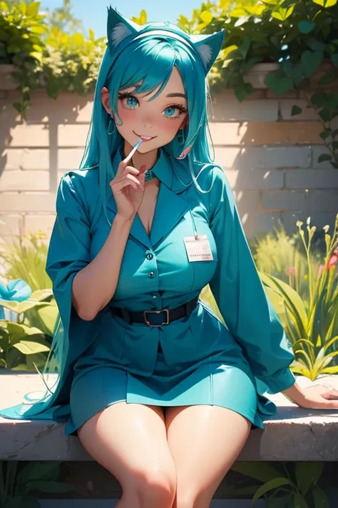 Perfect face. Perfect hands. A teal haired woman with teals eyes with an hourglass figure with teal cat ears and a teal cat tail in a school nurses uniform with a big smile is eating lunch in the garden