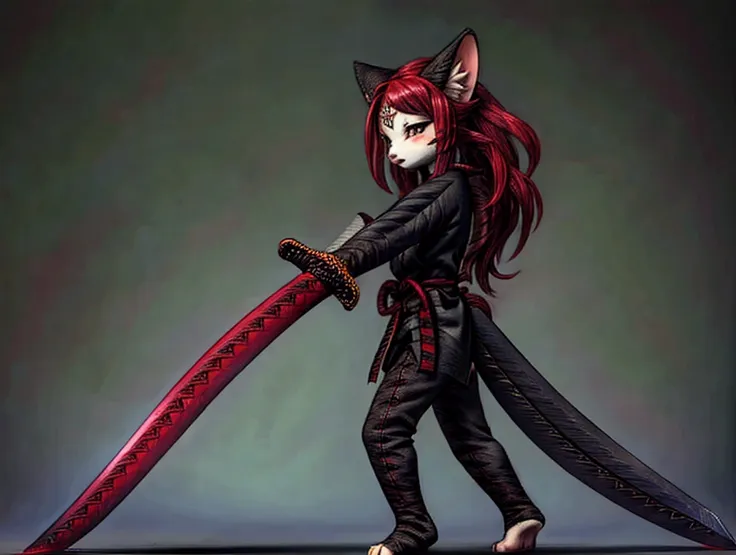 ((((full body)))),kunoichi, neko, girl, fur body, dark color fur, fluffy fur, pointy cat ears, long curly cat tail, absurdly lon...