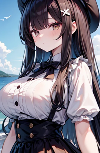 (masterpiece:1.3), (Best Quality:1.3), (ultra-detailed), (High image quality:1.3), (High resolution), beautiful_detailed_face,  1 girl , Alone, beret,  Black Hair , Long straight hair, Hair Clip, Large Breasts, white collared shirt, black underbust,  White...