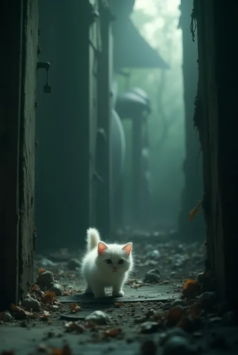  The cutest white kitten in the world inside a very scary haunted house in an old amusement park、Dim lighting、Lots of ghosts、Realistic、I&#39;m very scared、Haunted House 