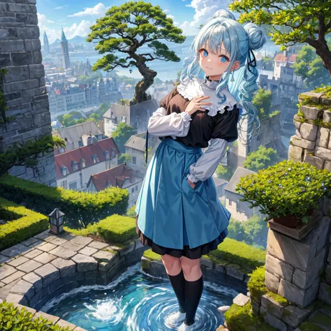 Light blue hair、Rainbow Eyes、Wavy Hair、Hair tied up、Two cute、Checked mini skirt、Black T-shirt、Long sleeve、and、Black knee-high socks、Teeth are visible、Ice Castle、Tilting face、lawn、In front of the city gate、The stone is cracked、Uneven ground、Stone Wall、The r...