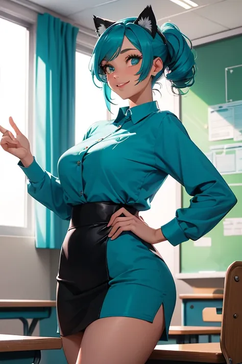 Perfect face. Perfect hands. A teal haired woman with teals eyes with an hourglass figure with teal cat ears and a teal cat tail in a school nurses uniform with a big smile is entering the school nurses office