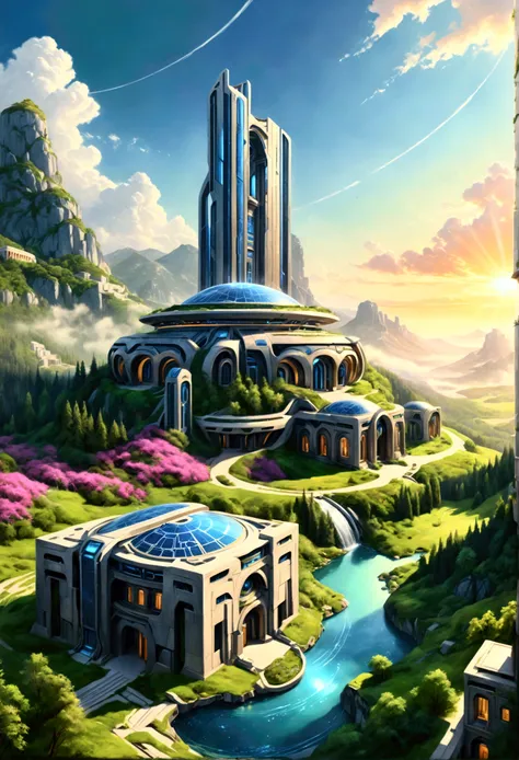 A fantastical sci-fi greek architecture scene, a beautiful forest meadow, tall futuristic buildings, open green spaces, oil painting, highly detailed, photorealistic, 8k, best quality