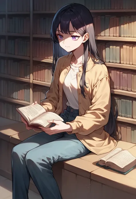 Jacket x mannish pants, smile, closed mouth, 1girl, violet eyes, black hair, naughty, cool, straight hair, long hair, expressionless, sitting, library, book, reading