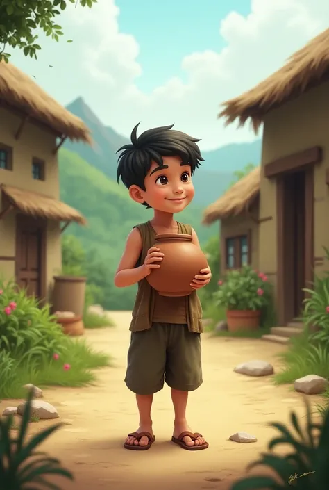 There is a young boy in a village, he is holding a pot in his hand.