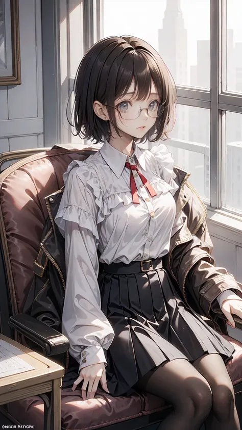 an anime girl with Glasses and a skirt sits on ground and poses,  1 girl , Alone, skirt, Have, shirt, white shirt, pantyhose, Red eyes, Glasses, Black Hair, shoes, red skirt, Check pattern skirt,  viewers, Open clothes, Check pattern, collared shirt, , Long sleeve, Mouth closed, Sitting, black pantyhose, indoor, bangs, short hair, Black-rimmed glasses, Brown Jacket, Off the shoulder,Add XL
