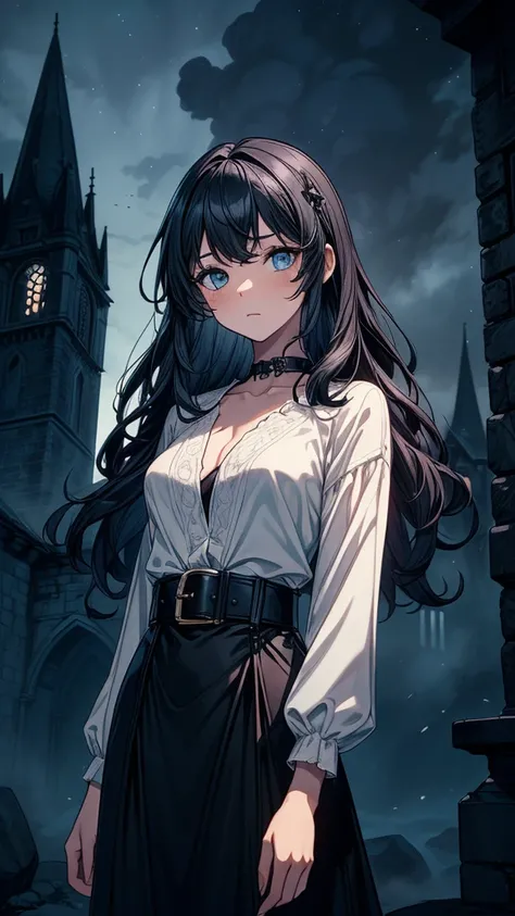 ((((masterpiece, best quality:1.3, high detail)))), beautiful woman, long wavy hair, (dark blue hair), hairpin, (white blouse), ((long black skirt)), long black skirt:1.3, belt, buckle, collarbone, (fog), (night sky), (atmospheric), ((shade)), stone, gothi...