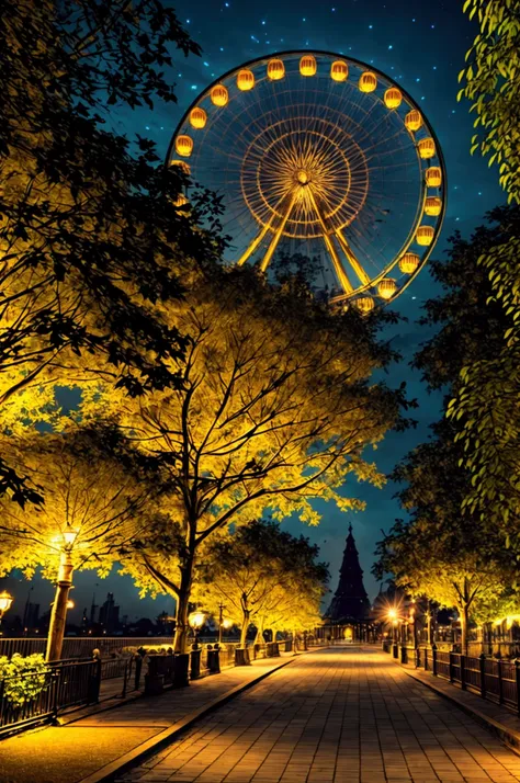 a beautiful park at night, with a large ferris wheel illuminated by neon lights, (best quality,4k,8k,highres,masterpiece:1.2),ul...